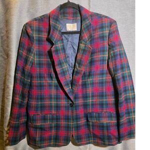 Vintage Pendleton 100% Virgin Wool Plaid Blazer Blue Red Green Sz 18 Christmas